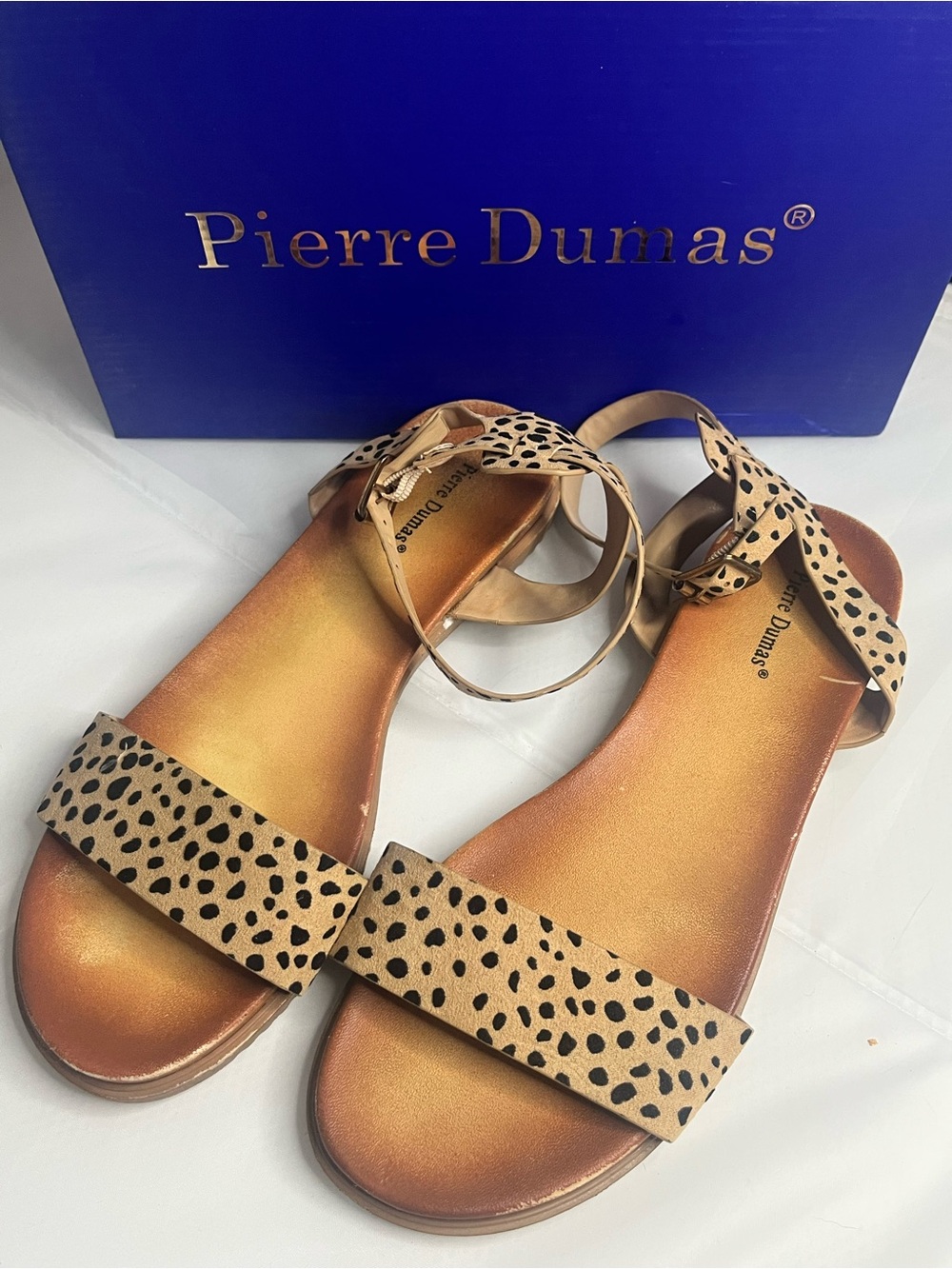 Pierre Dumas Leopard Print Tan Ankle Strap Sandals women's size 10